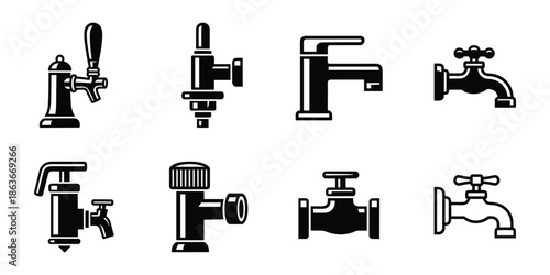 Vector collection featuring black water faucets and valves. Plumbing fixtures and equipment for your projects.