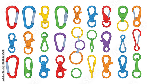 Vector collection of different carabiners clip, vibrant colors and styles. Use for keychains and climbing concepts.