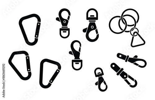 Vector design of various black carabiners, clasps, and keyrings perfect for outdoor activities and accessory design.