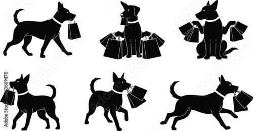 Silhouettes of dogs holding shopping bags in playful poses, black figures, humorous posture, transparent background, pet and retail illustration