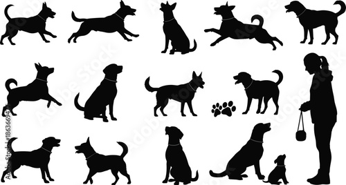 Silhouettes of dogs in varied poses with human interaction and paw prints, black figures, transparent background, pet behavior and training illustration