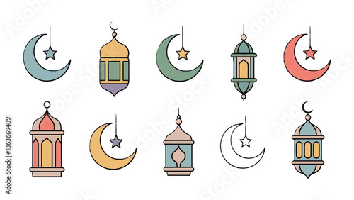 Ramadan Celebration Icons: A collection of decorative icons depicting the crescent moon and lantern, symbols of Ramadan's festive atmosphere.