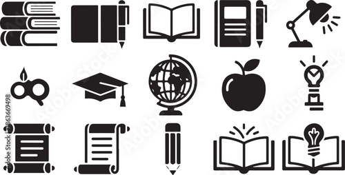 A collection of black and white educational icons on a white background