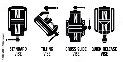Vector graphic showing four types of vises: standard, tilting, cross-slide, and quick-release vises.