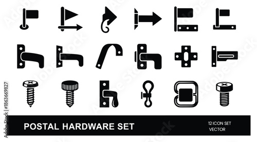 Vector icon illustration of postal hardware set, including mailbox flags, arm, screws and other accessories