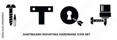 Vector icon set features dartboard mounting hardware for secure installation in black and white for diverse use.