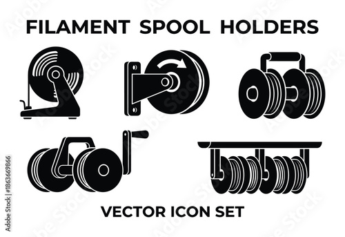 Vector icon set featuring five distinct filament spool holders for 3D printing. Ideal for design and engineering.