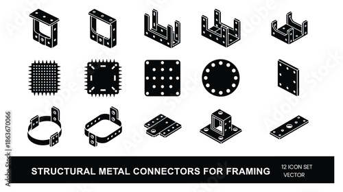 Vector icon set of structural metal connectors for framing. Construction parts. Metallic hardware isometric views.