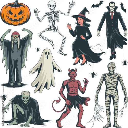 Halloween characters and symbols on white background