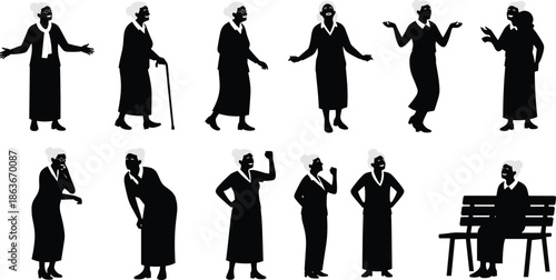 Silhouettes of elderly woman in ten expressive poses, black figures, dynamic posture, transparent background, senior character and gesture illustration