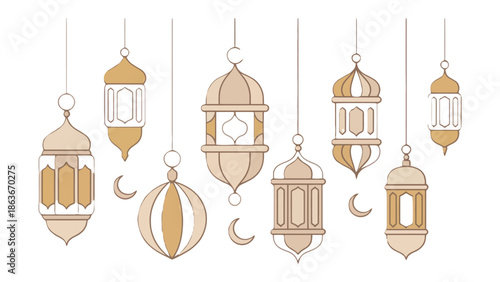 Golden Lanterns: Exquisite lanterns in shades of gold and cream dangle delicately, each boasting intricate designs that evoke a sense of tradition and celebration.