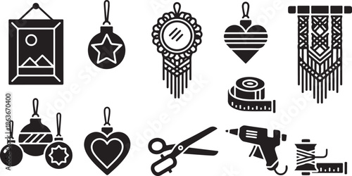 A collection of black and white crafting icons and tools