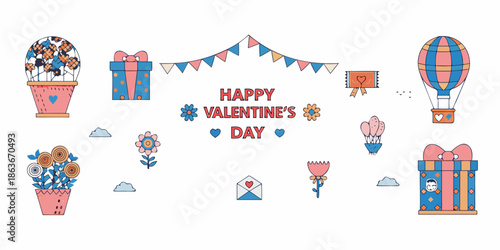 A colorful valentine s day illustration with balloons gifts and floral arrangements