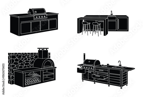 Vector illustration of a complete outdoor kitchen with grill, oven, sink, bar and island furniture.