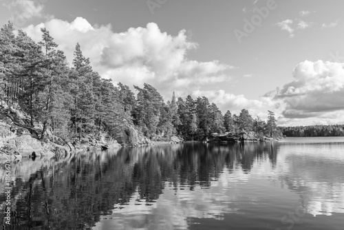 Fotografie Black and white fine art photography of a lake landscape with pine forest and rocky shoreline, calm water reflecting clouds and trees