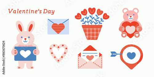 A collection of valentine s day themed illustrations with rabbits hearts and bears