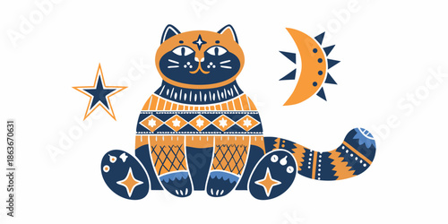 Charming illustration of a whimsical cat with stars and a crescent moon