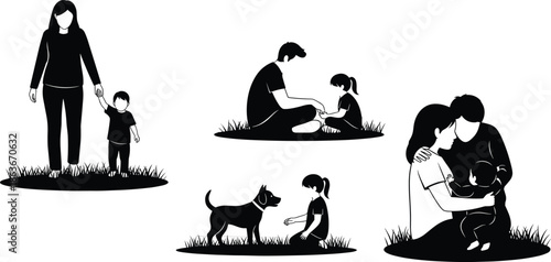 Silhouettes of family interactions in outdoor settings, black figures, expressive posture, transparent background, bonding and companionship illustration