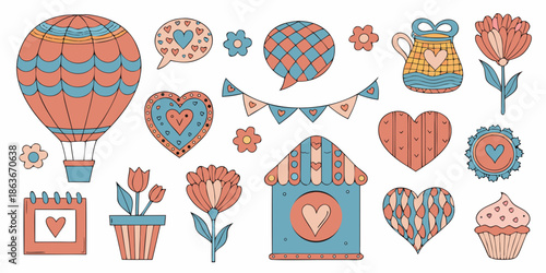 A charming collection of illustrated hot air balloons hearts and floral elements