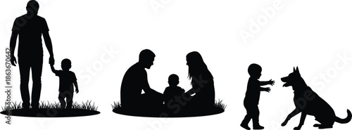 Silhouettes of family scenes with adults, children, and dog, black figures, expressive posture, transparent background, bonding and interaction illustration