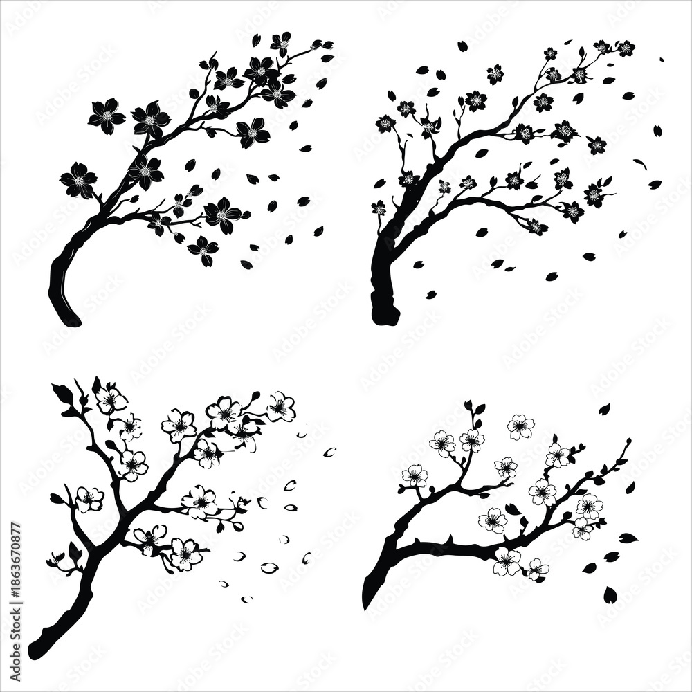 Obraz premium Black and white illustration of cherry blossom branch Four black and white ink style illustrations of flowering branches for design elements
