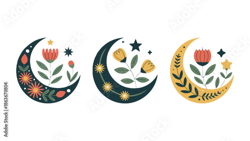 Celestial Blooms: A set of three stylized crescent moons, each adorned with a vibrant floral arrangement and celestial accents, creating a harmonious blend of nature and the cosmos.