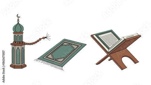 Islamic Religious Symbols Illustration: An illustration featuring a minaret, a prayer rug, and a Quran on a stand, offering a glimpse into the Islamic faith. 