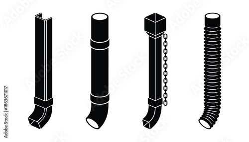 Vector illustration of four different gutter downspout types used in building's drainage systems.