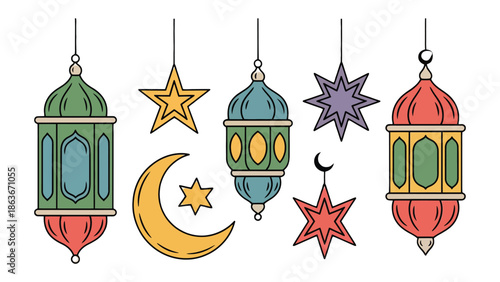 Festive Celestial Embellishments:  A delightful array of hanging lanterns and celestial shapes, each detail reflecting the essence of a vibrant celebration.