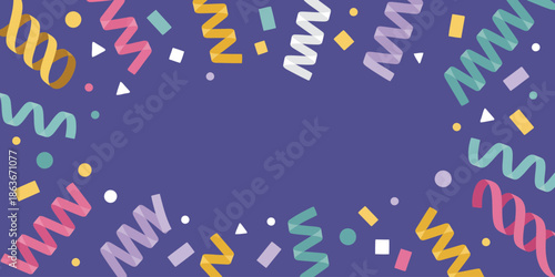 A charming border of curled red, yellow, and light grey ribbons mixed with colorful confetti