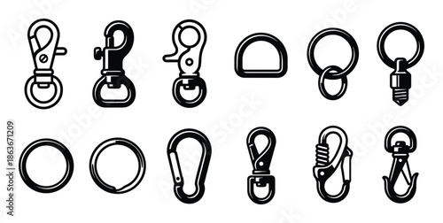 Vector illustration of metal swivel clasps, rings and carabiners in black and white. Accessories and parts for keychains.