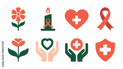 Symbolic Health and Wellness Set: A diverse set of icon representing healthcare, hope, and support, a vibrant symbol of care and awareness. The set features a blend of elements including hearts.