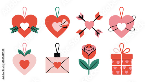 Love's Emblems: A collection of heart-shaped ornaments, arrows, a rose, an envelope, and a gift box evoke romance, tenderness, and affectionate feelings, symbolizing Valentine's Day.