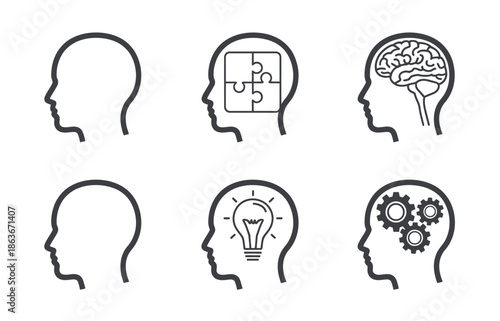 human head icon set, mind process and business solutions symbols, creative thinking concepts, web design symbols, infographic elements, flat minimal vector illustration.