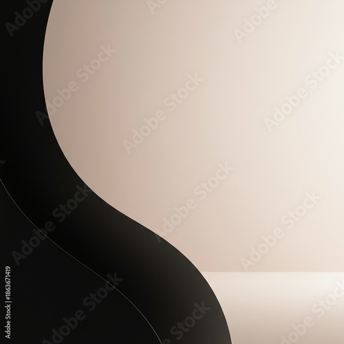 Simple abstract art featuring a subtle dark flowing shape resting upon a gentle pale surface, evoking calm simplicity, modern, black, white