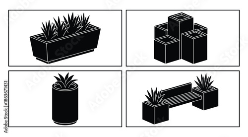 Vector illustration of various planters, pots, and garden decor elements. Plants and a bench included in set.