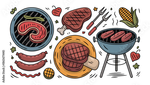 Grilling Delights: A vibrant illustration showcases an array of grilled delicacies, meticulously prepared and ready to be savored, perfect for any food lover or culinary enthusiast.