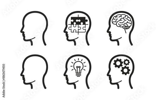 human head icons collection, mind process, creative thinking and business solution symbols, web design elements, infographic icons, flat minimal vector illustration.