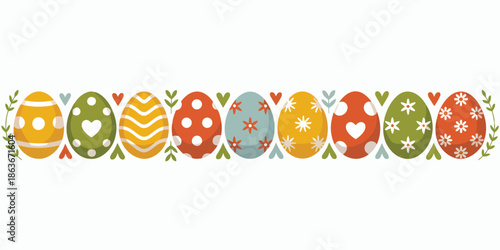 A charming horizontal border of vibrantly decorated Easter eggs featuring various festive patterns and foliage