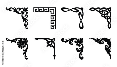 Vector illustration set of eight ornate and abstract black corner design elements on a white backdrop.