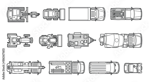 Vector illustration set of construction vehicles in top view for architectural and design projects.