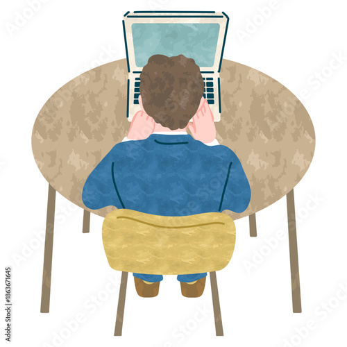 PC操作する男性（後ろ姿の俯瞰）