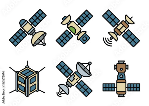 Vector illustration showing spacecrafts and satellites. Collection of different satellite styles and designs.