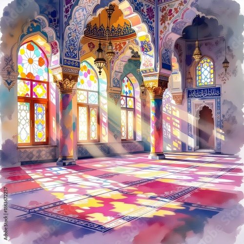 Empty Mosque Interior in Soft Watercolor Style