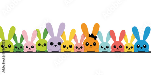 A charming line of diverse cute cartoon bunnies with big eyes standing together on a white background