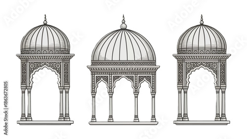 Architectural Elegance: A symmetrical composition of three intricately designed domes and arches, each showcasing detailed carvings and a sense of architectural grandeur.