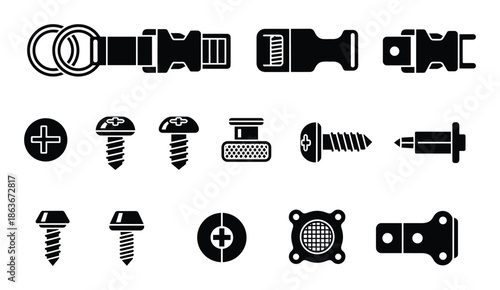 Vector set of black buckles and screws icons. Metal hardware fasteners illustration for web and design projects.