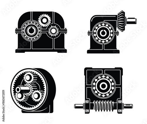 Vector set of gear silhouettes. Mechanical transmission, industrial elements, and machine components in solid black.