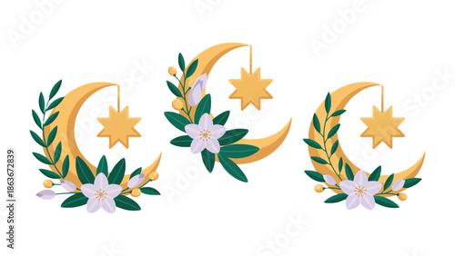 Floral Crescent Moon Decorations: A trio of golden crescent moons adorned with lush green foliage, delicate white flowers, and dangling stars, create a dreamy and elegant ambiance.