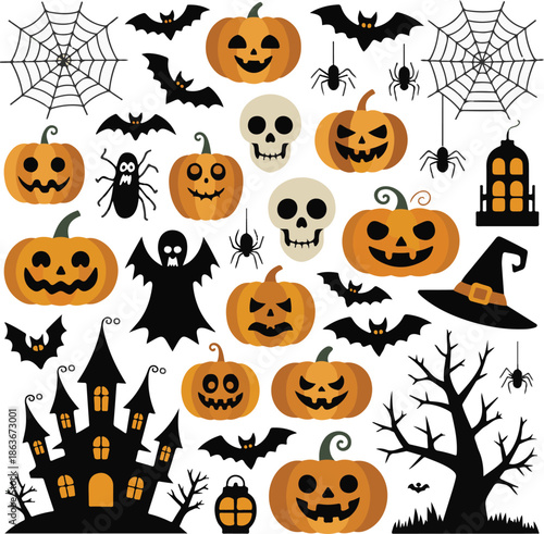 Halloween icons including pumpkins bats spiders and skulls on white